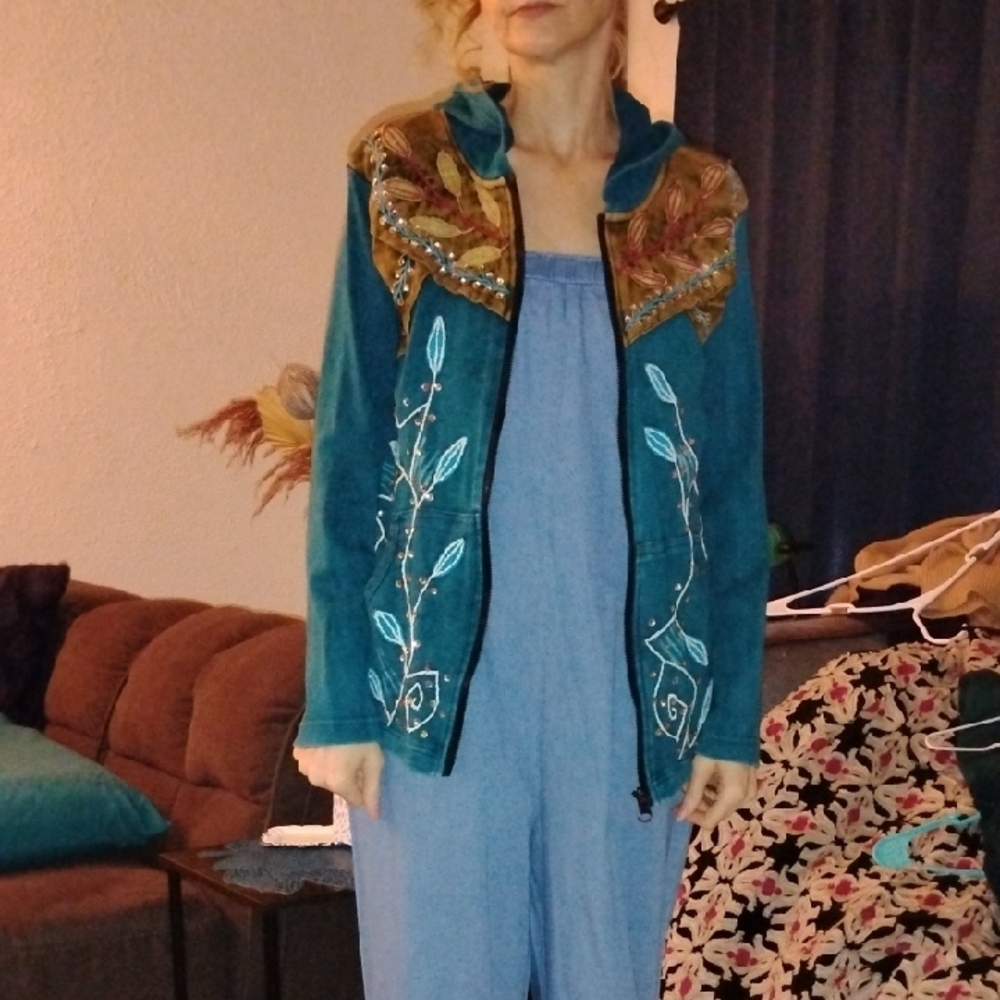 Embroidered Teal Jacket with Brown Accents